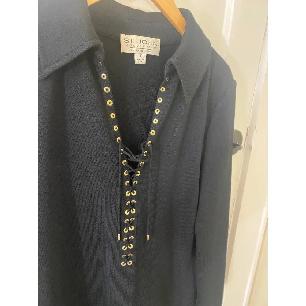 Vintage St John Women's Black Long Sleeve Thick Lace Up Dress - 10 - Picture 3 of 14